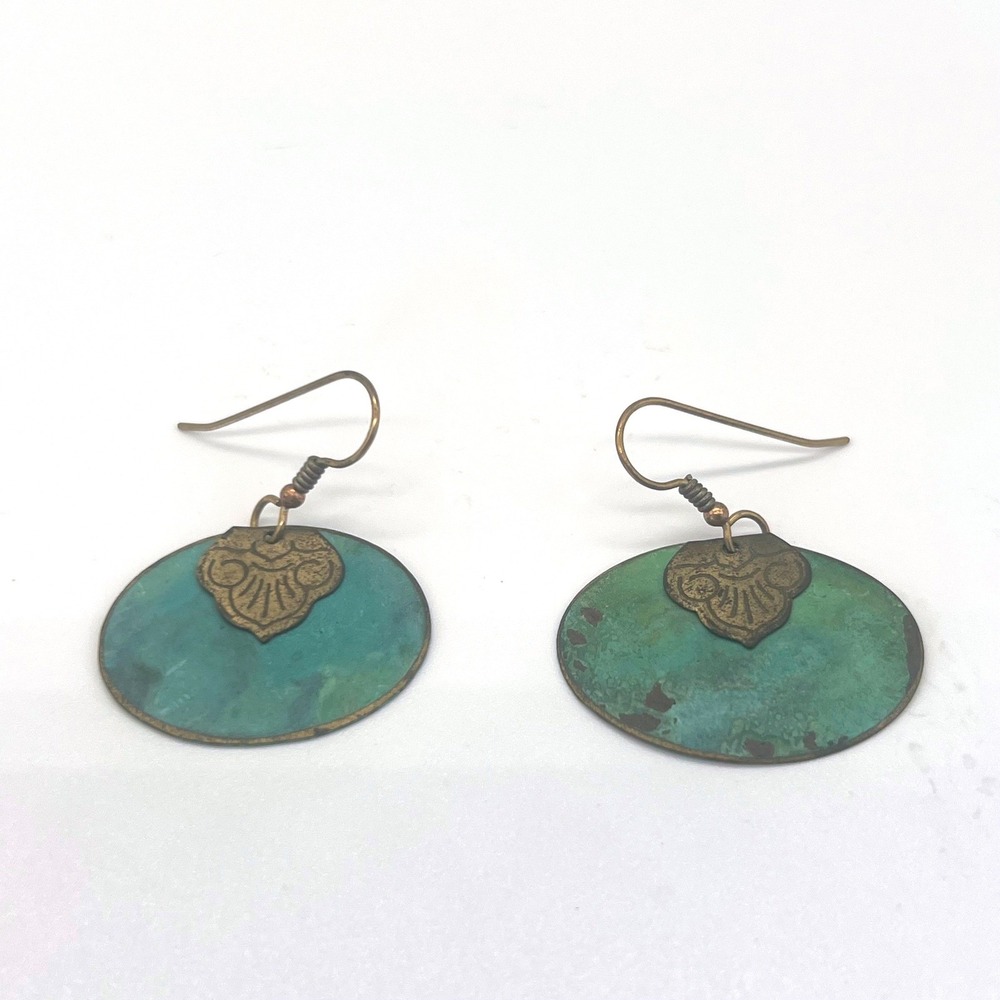 Rustic Boho Copper Dangle Earrings Verdigris Patina Turquoise Metal Brutalist